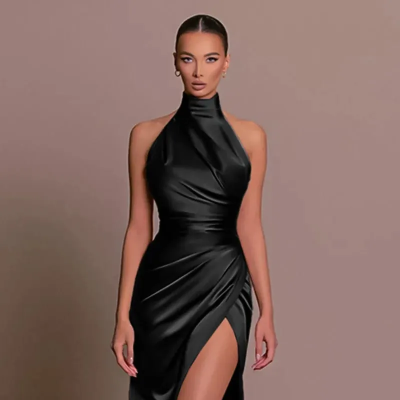2026 Retro Style Satin Halter Maxi Dress Elegant Waist Slimming High Slit Party Formal Events Solid Color Minimalism Long Skirt