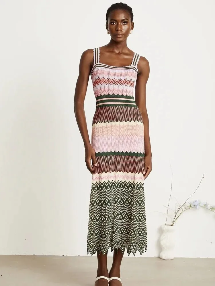 Luxury Brand Design Knitted Zigzag High Elasticity Color Sleeveless Long Maxi Dress Women Arab Africa Popular Boho Lady Skirt — image 4