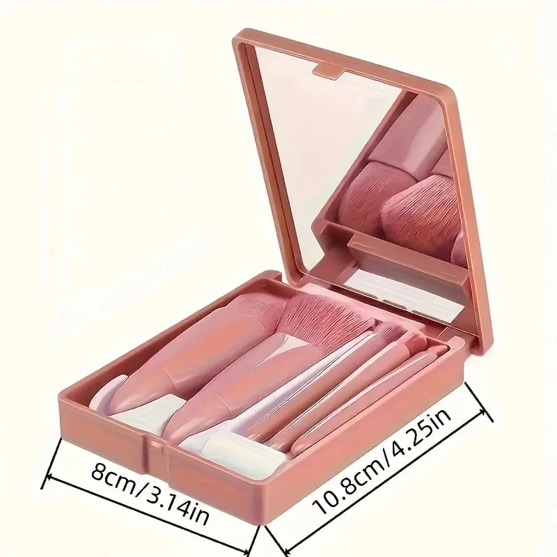 Travel-Friendly 5Pcs Makeup Brush Set with Compact Mirror & Mini Case Versatile Eyeshadow & Loose Powder Brushes