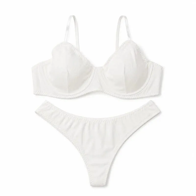 Kadınlar Katı Nervürlü iç çamaşırı seti Balenli Ince Fincan Sutyen Eşleşen Alçak Tanga Yumuşak Günlük Intimates