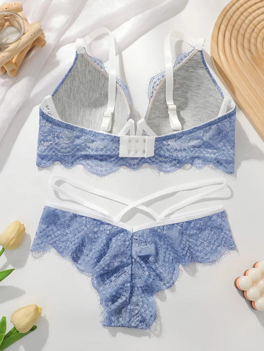 Neues, hochwertiges, schweres Industrie-Blau-Spitzen-Set mit tiefem V, sexy Damen-BH-Set, Dessous-Set, Push-up-BH L093