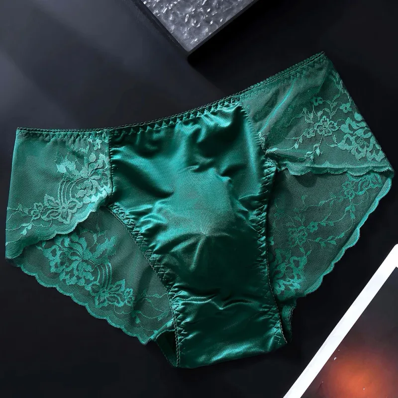 Cuecas masculinas de renda sem costura cuecas de seda gelada 3D bolsa com protuberância calcinha gay de cintura baixa