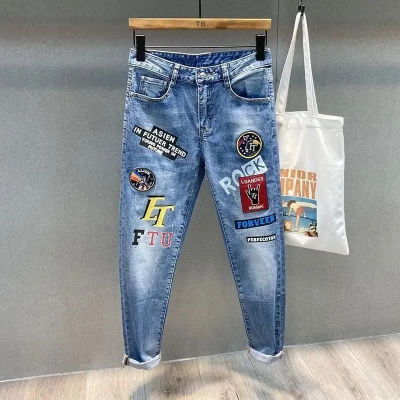 Trendy Brand Letter Printing Pattern Embroidered Jeans Men's Korean Graffiti Slim-fitting Small Feet Versatile Casual Trousers — image 2