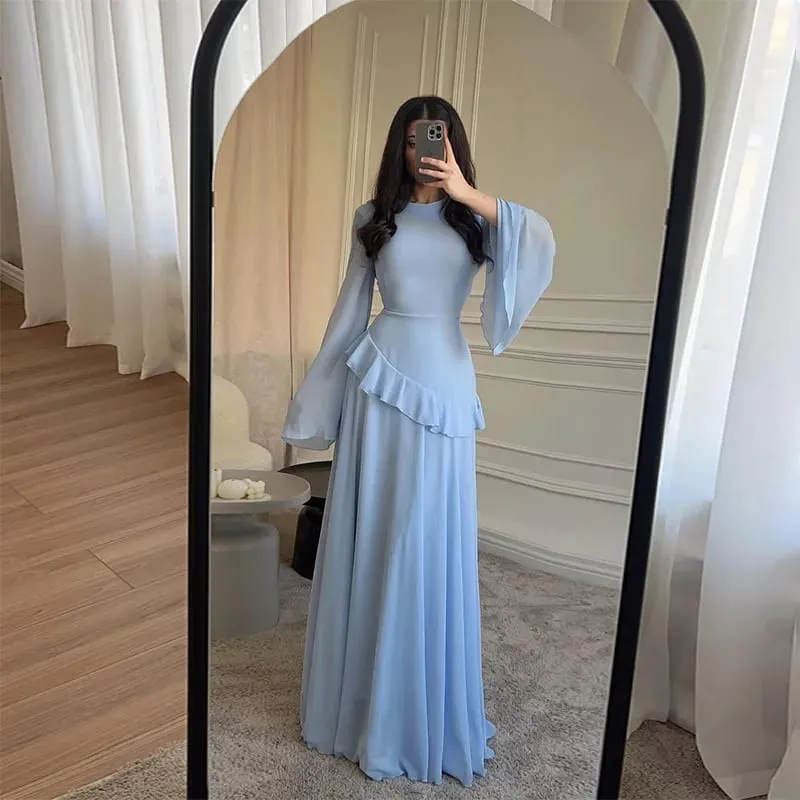 Kvinder Chiffon Solid Flæser Kjole Flare Ærmer Rundhals 2025 Ny Elegant Maxikjole Aftenfest Mode Ferie Dame