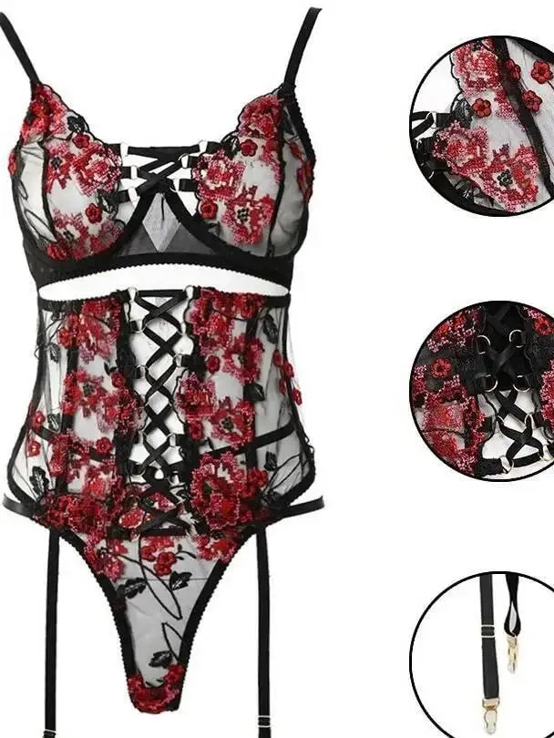 Flower Embroidery Mesh Transparent Fashion Sexy Bodysuits Backless Deep V Sleeveless Bodysuits Hollow Out Pure Desire Charm MSQT