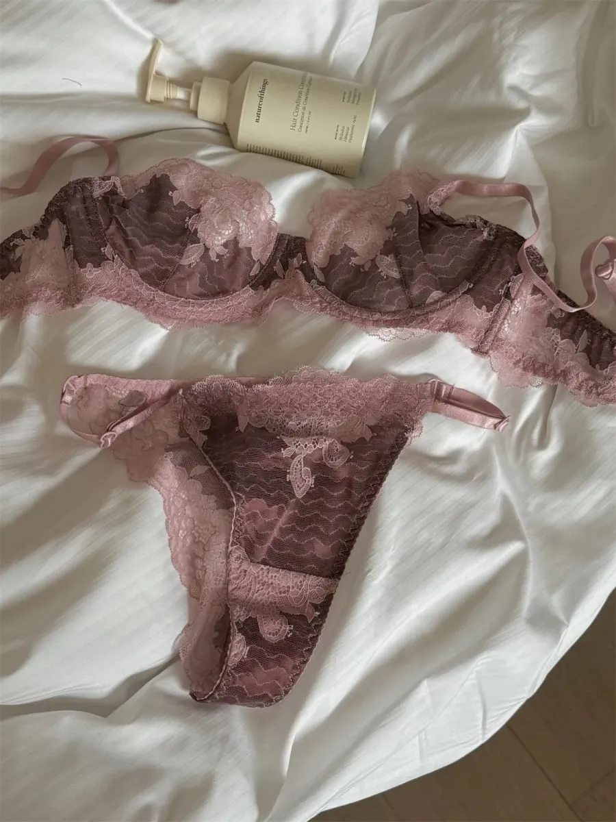 Lace girls underwear thin section glossy bra anti-sagging push up lingerie support large breasts show small bra set