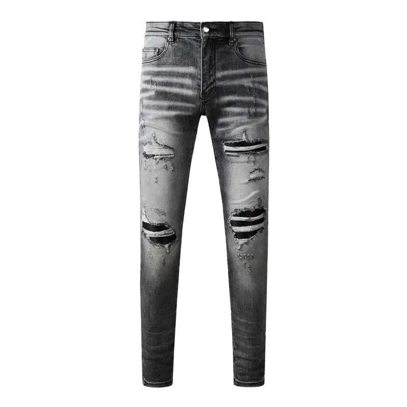 Fashionable New Men's Retro Blue Jeans With Pleated Elastic Perforated Blue Leather Patch Tight Tapered Pants Y2K