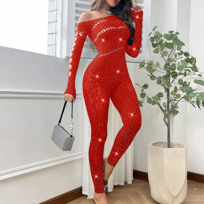 ผู้หญิงเซ็กซี่ตาข่าย Rhinestone Jumpsuit แขนยาวดูผ่านยืดถุงน่อง Jumpsuit Club PLUS ขนาดสต็อกชุดชั้นใน — image 10