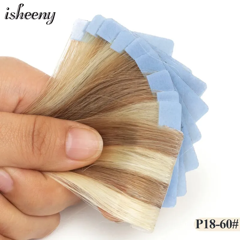 머리 확장에 Isheeny 보이지 않는 테이프 12 "16" 20 "피부 Weft 테이프 Ins 10pcs 자연 스트레이트 기계 레미 인간의 머리카락 제작 — image 13
