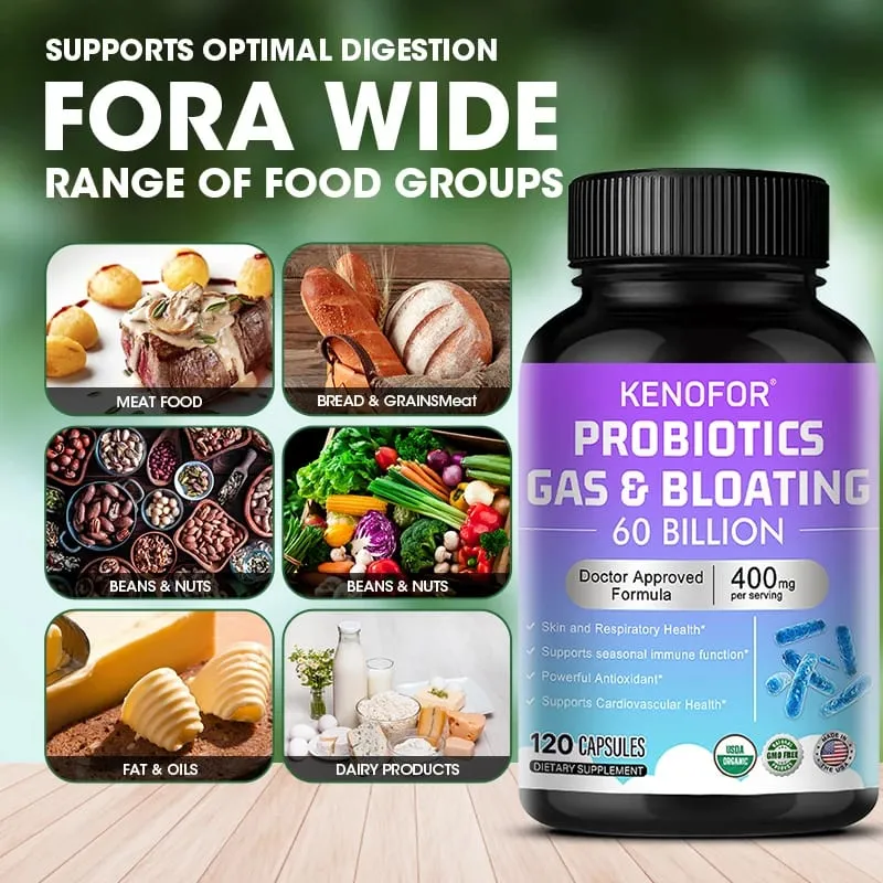 60 Billion CFU Multi-Strain Probiotic Capsules - Prebiotics + Digestive Enzymes Gut Health & Immune Support 30/60/120 Counts