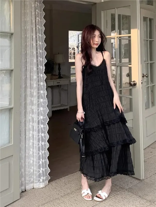 여름 Befree 긴 빈티지 캐주얼 프릴 우아한 맥시 스트랩 Camis 실키 비치 레이스 우아한 파티 드레스 Vestidos 섹시한 여성