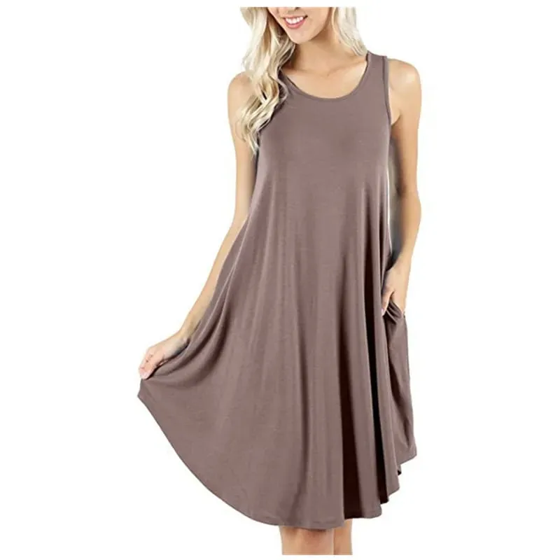 Women Black Blue Dresses Summer Casual Sleeveless Round Neck Long T Shirt Dresses Sundress Beach Tank Loose Pockets Dress