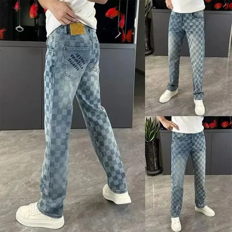 Spring Summer Checkered Jeans From Trendy Brand Versatile Men's Straight-leg high-end loose Casual Straight Stretch Pants
