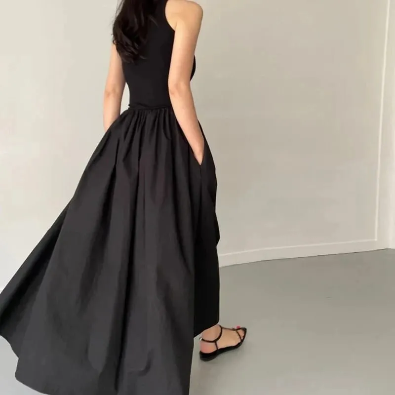 New Summer Simple Elegant Black Long Dresses For Women Round Neck Sleeveless High Waist Temperament Female Fashion Style Dress