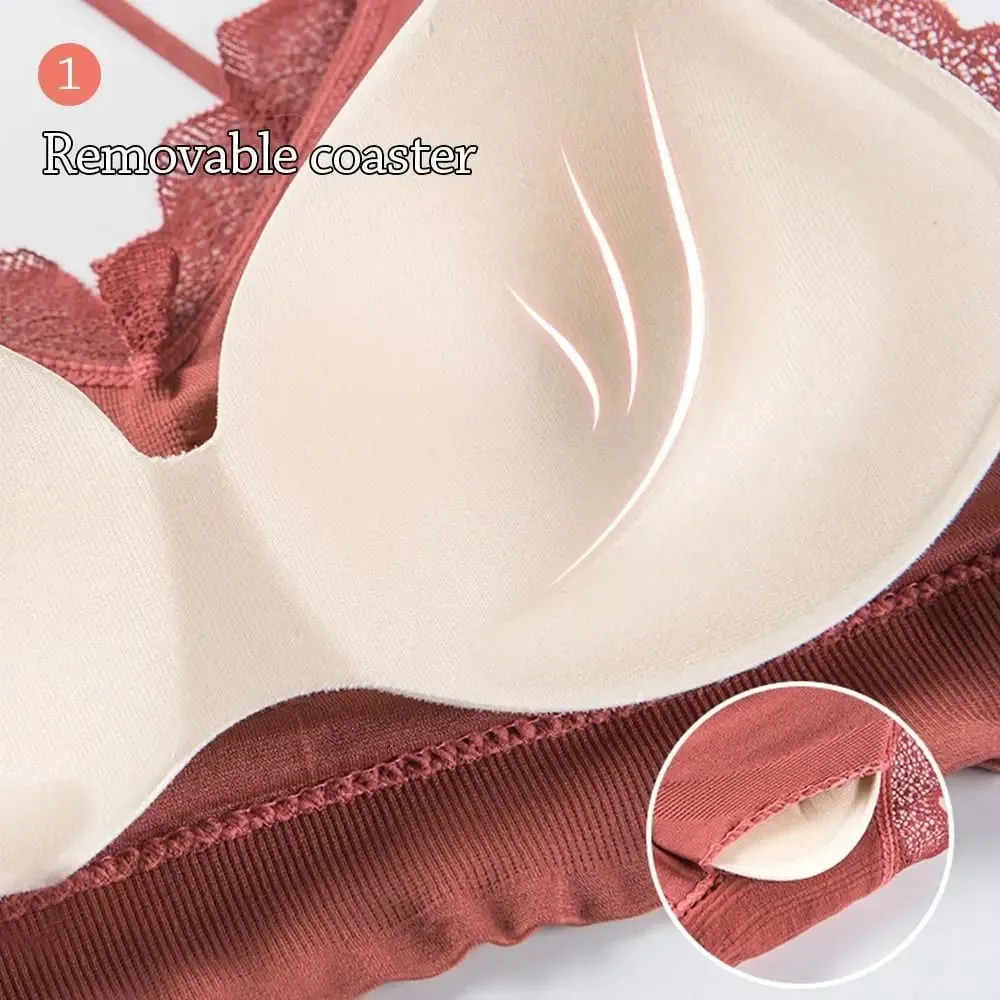 1Set Casual Lace Women Seamless Bra Set with Bra Pads V-Neck Lingerie Set Breathable Comfortable Sport Brassiere