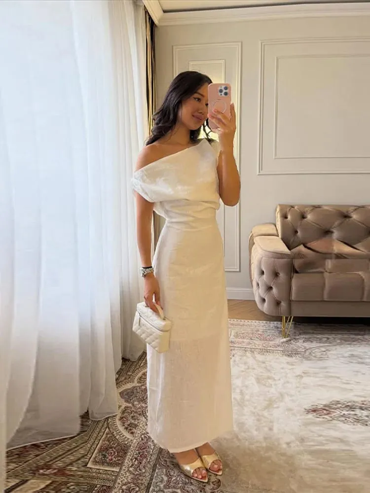 Off-shoulder Linen Maxi Dresses Pambabaeng Slim Waist-cinching Hip-wrap Ankle-length Dress 2026 Bagong Ladies Summer Solid Outwear