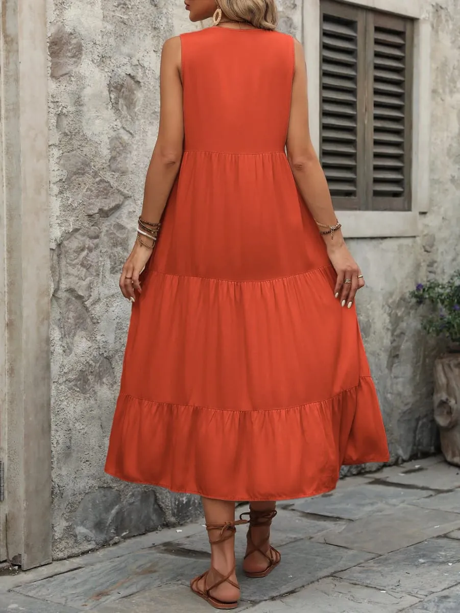 Casual Summer Midi Dress Women Sleeveless Tank V-Neck Buttons Ruffle Loose Dresses Beach Soild Sundress New Fashion Ladies Dress — image 5