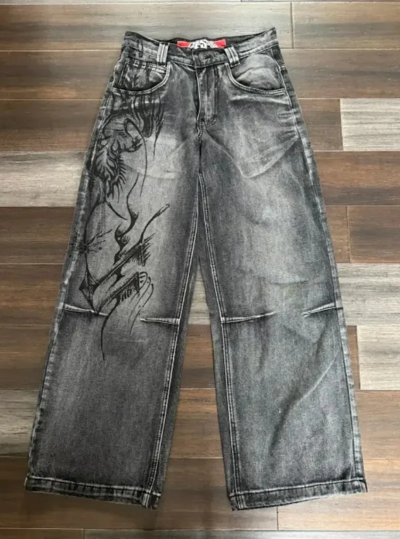 90s Gothic Centipede Embroidery Washed Oversized Wide-Leg Pants Jeans Men Y2K New Harajuku Punk Hip-Hop Rock Couple Street Wear