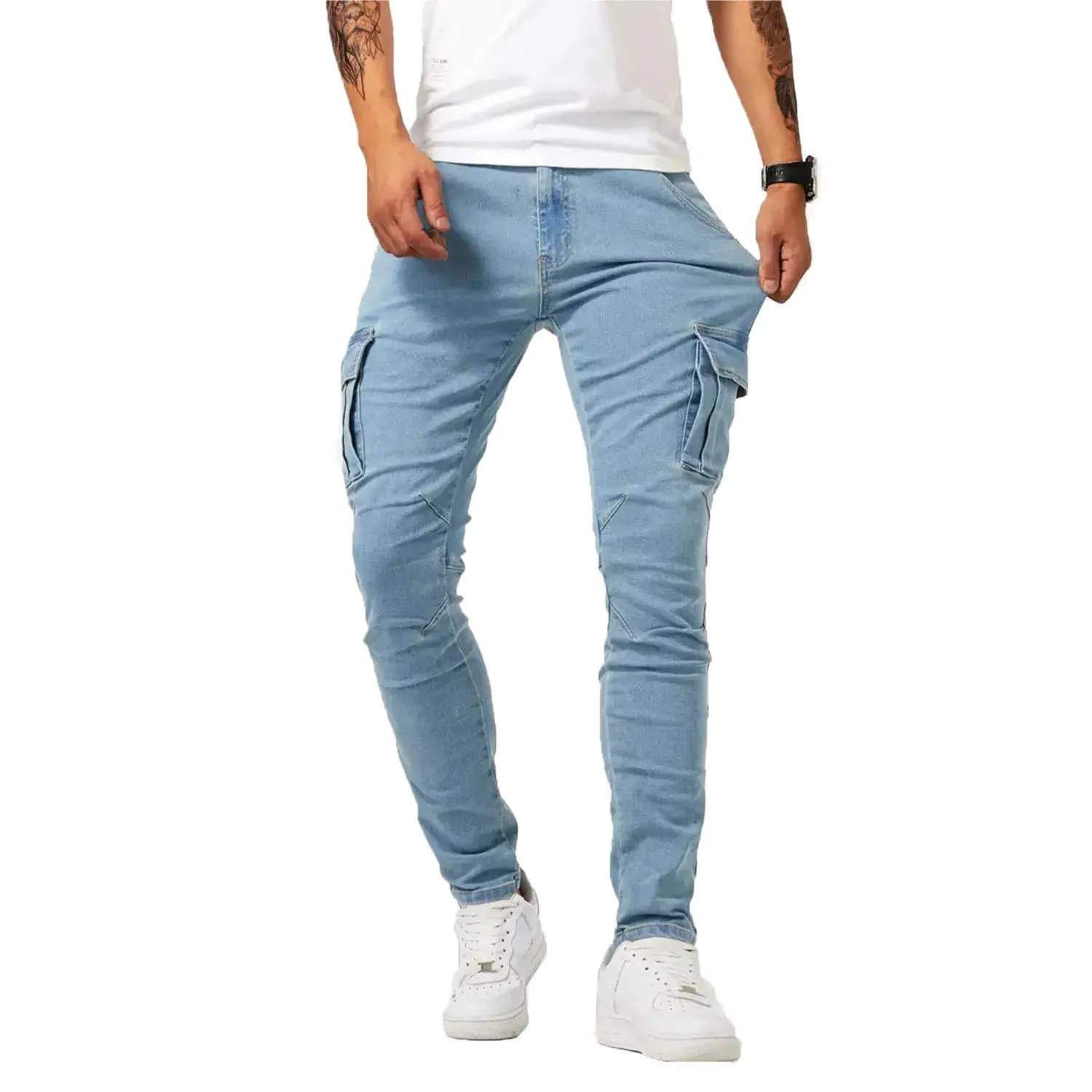 Men's street stretch denim jeans washed solid color multi pocket work pants casual slim fit daily wear jogging pants mid wa