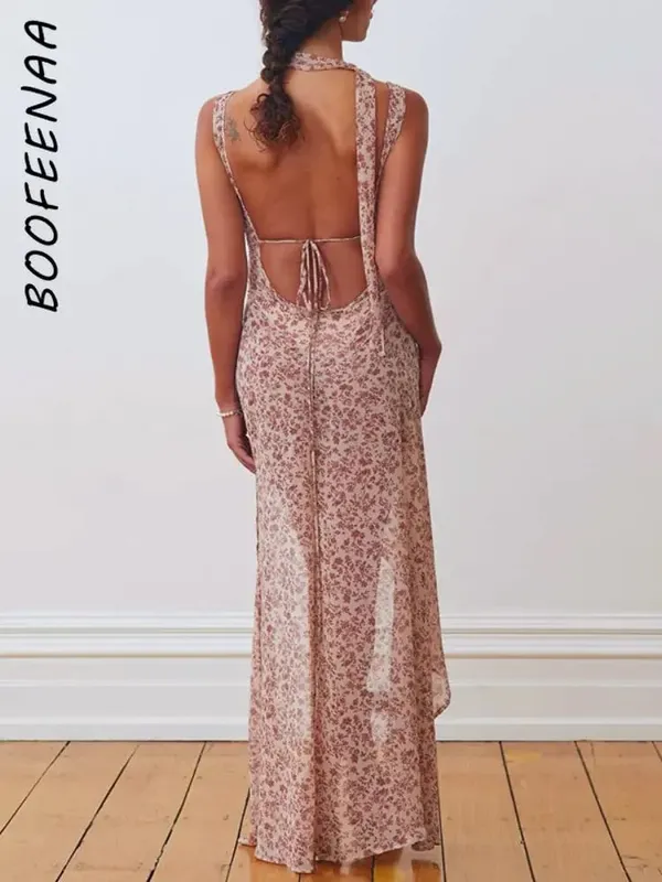 Sexy Asymmetrical Halter Backless Long Dresses Floral Print Chiffon Beach Vacation Summer Dress Womens 2023 C15-CI16 — image 6