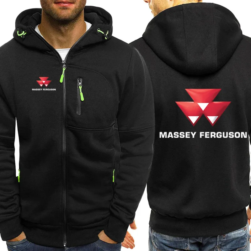 2025 Spring Autumn Massey Ferguson Print Popular Solid Color Zip Hooded Jacket Men's Trendy Comfortable Loose Drawstring Hoodies