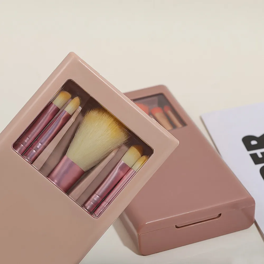 Portable Mini Makeup Brush Set with Mirror Case 5Pcs Travel Makeup Brushes for Foundation Eyeshadow Concealer