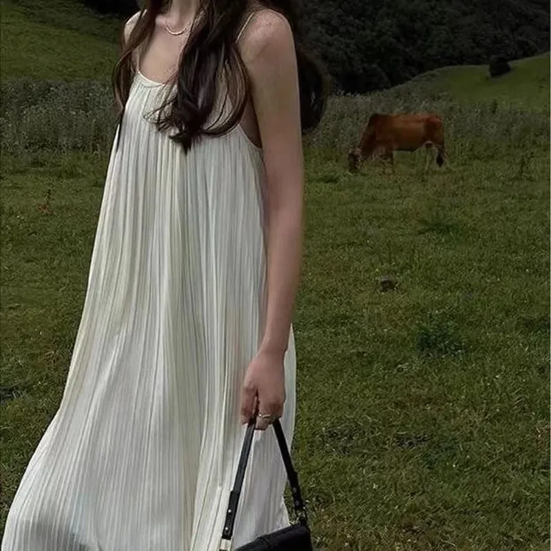 Sweet Summer Plus Size Dress Women Loose Ruffled Sleeveless Long Dress Lazy Style Solid Color High End