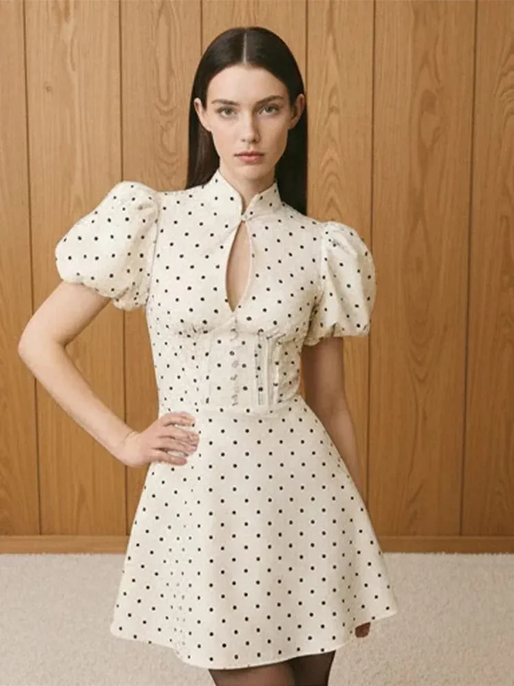 Retro Polka Dot Mini A-line Dress Elegant Stand Collar Puff Short Sleeve Waist-cinching Dresses 2026 New Lady Party Gowns — image 3
