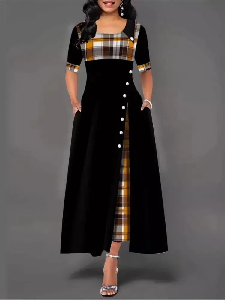 Robe longue en Patchwork de treillis irrégulier pour femmes, Vintage, boutons, col rond, demi-manches, décontractée, pour les déplacements, à la mode
