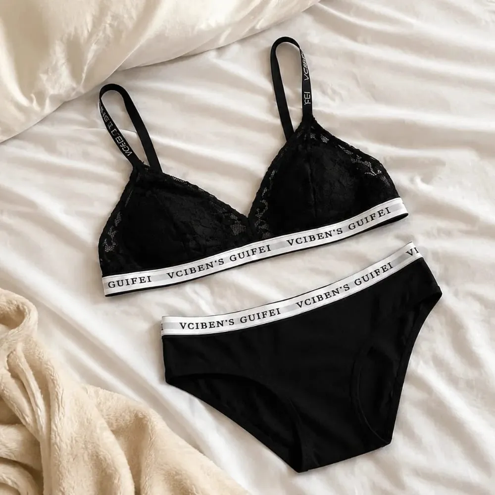 Comfortable Letter Design Lingerie Set Deep V Lace Women Underwear Suit Wireless Color Blocking Bra Panties Set Gift