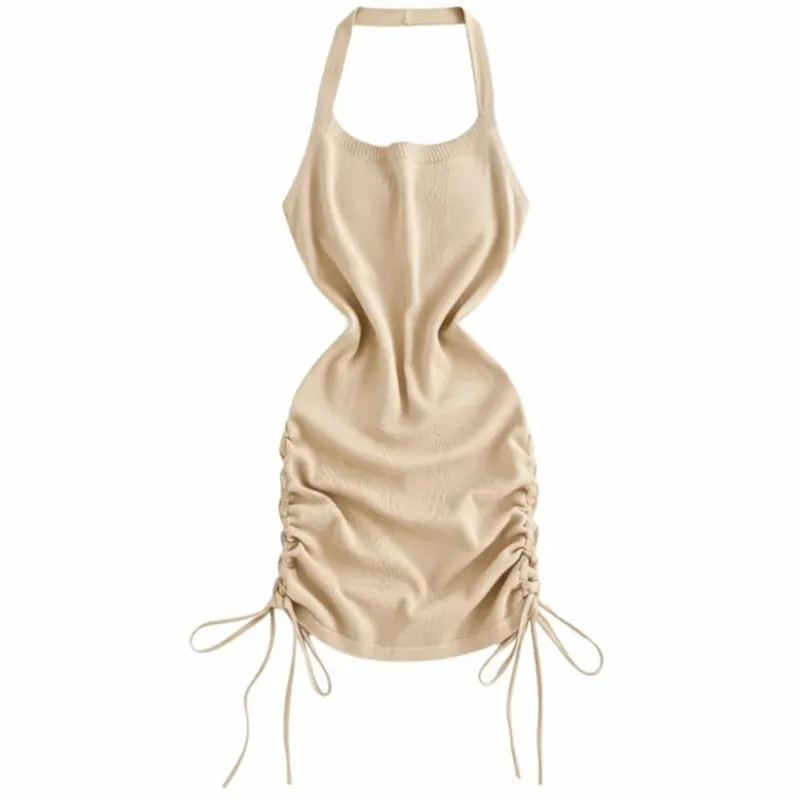 Solid Color Halter Neck Dress Sleeveless Design Drawstring Bodycon Dress Stretchy Knit Ruched Side Mini Dress Women Summer Wear — image 9