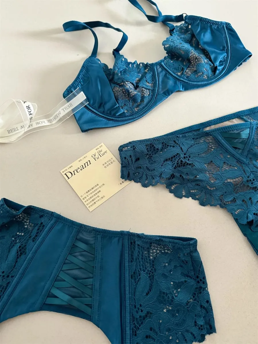 Satin three-piece thin section lingierie large breast underwear sexy lace bra breathable blue temperament underwear set
