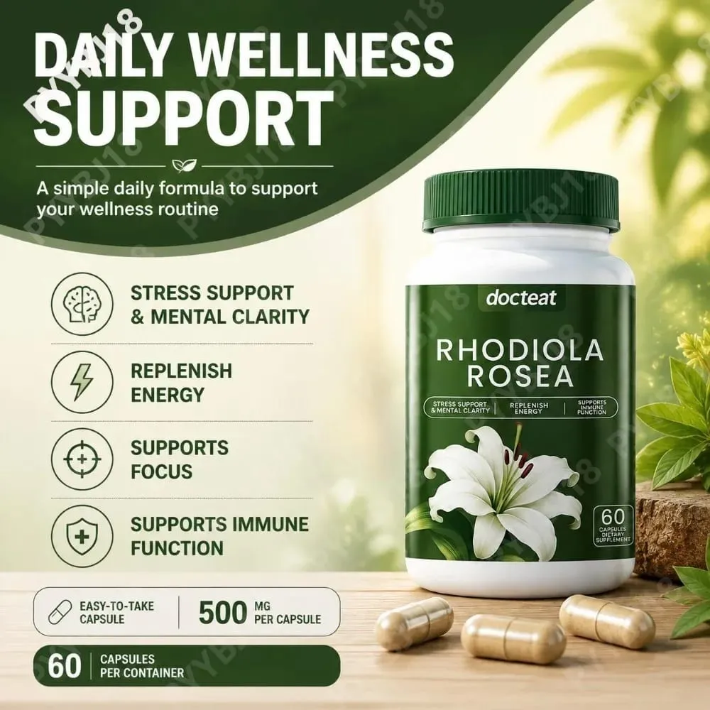 Docteat Rhodiola Rosea Capsules with 3% Salidrosides and 1% Rosavins Supports Mental Clarity & Replenishes Energy 60 Capsules