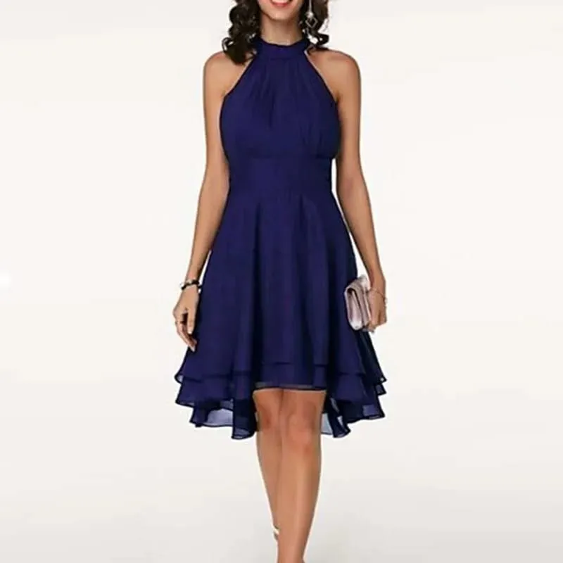 Women Elegant Dress Summer Solid High Waist Halter Sleeveless Midi Dresses Ladies Cropped Layered Chiffon Party Slim Dresses