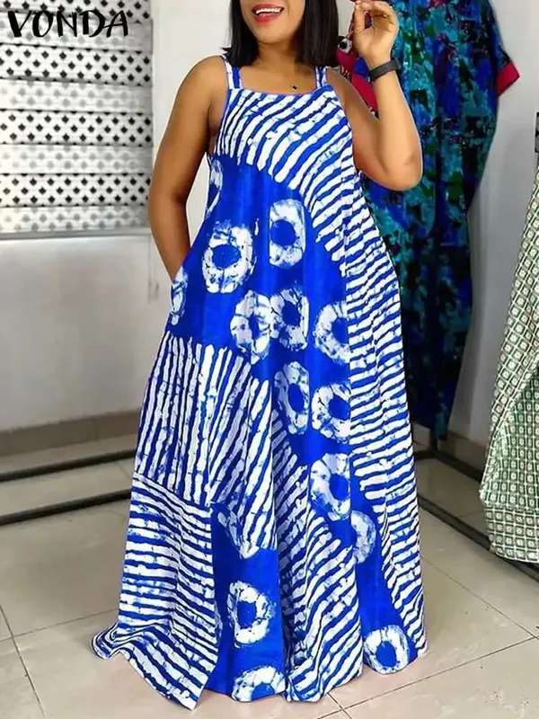 Plus Size 5XL Summer Bohemian Printed Maxi Dresses Sleeveless Party Beach Sundress Tank Long Vestido Casual Holiday Robe