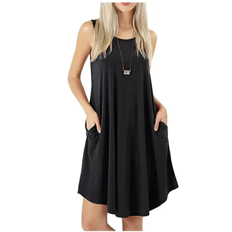 Women Black Blue Dresses Summer Casual Sleeveless Round Neck Long T Shirt Dresses Sundress Beach Tank Loose Pockets Dress