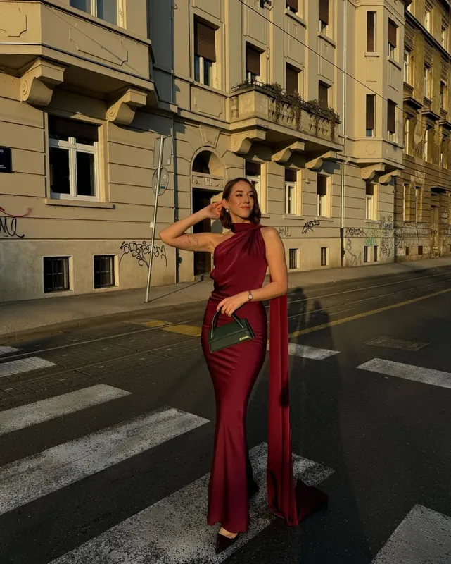 Ribbon Hanging Neck Long Dresses Slanted Shoulder Lace Up Backless Silky Satin Temperament Slim Fit Halter Woman Fishtail Dress