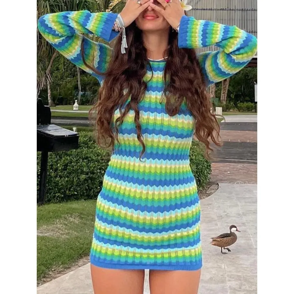Candy Colored Stripes Women's Slim Bodycon Dress Long Sleeved Backless Mini Dress Autumn Winter Evening Club Party Wear
