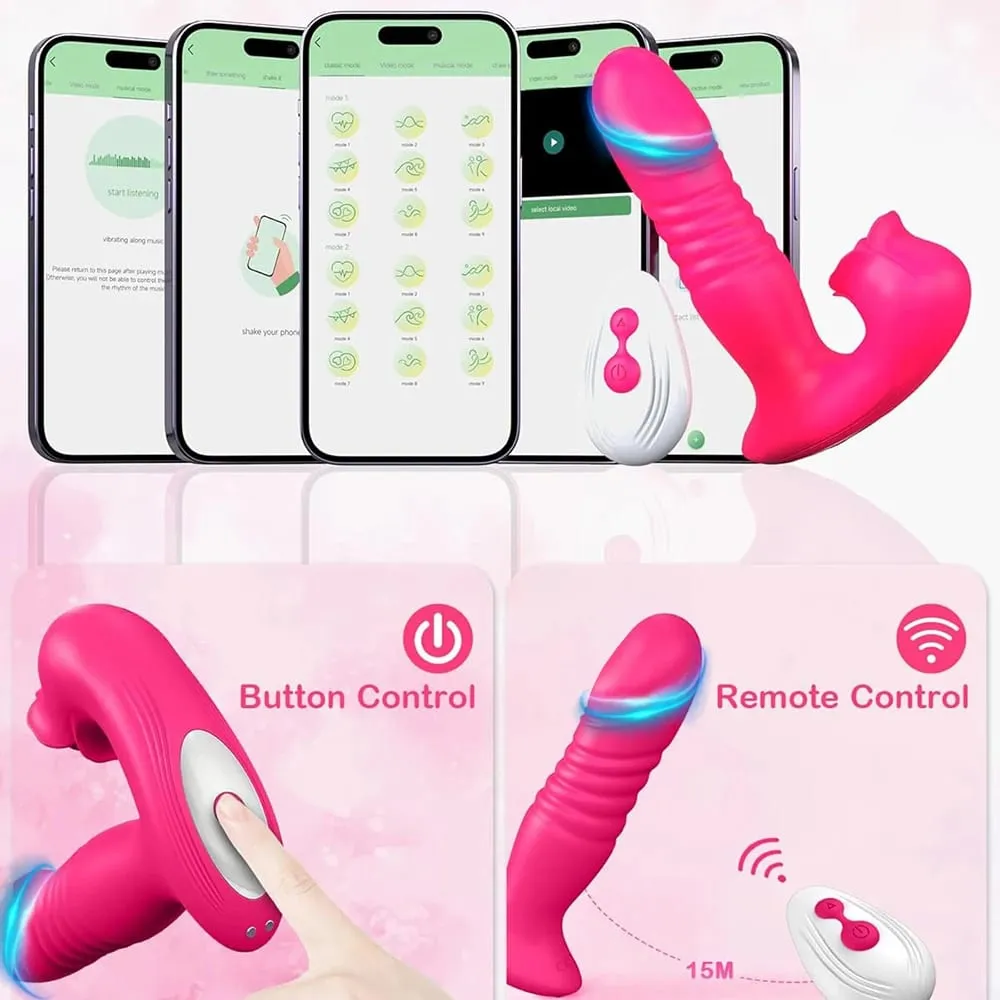 Dildo Vagian Massage Wand Rose Sucking Vibrator Adult Women Thrusting Sex Toy Wearable App Clitoral Sucker Telescopic Vibrating