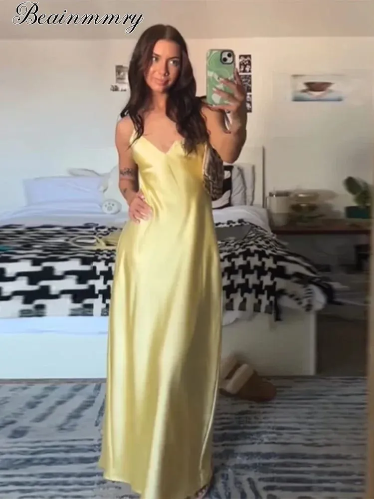 Katı Backless Leke Maxi Elbise kadın Rahat Spagetti Kayışı V Yaka Yüksek Bel Elbiseler 2026 Bayan Yaz Tatil Partisi Törenlerinde