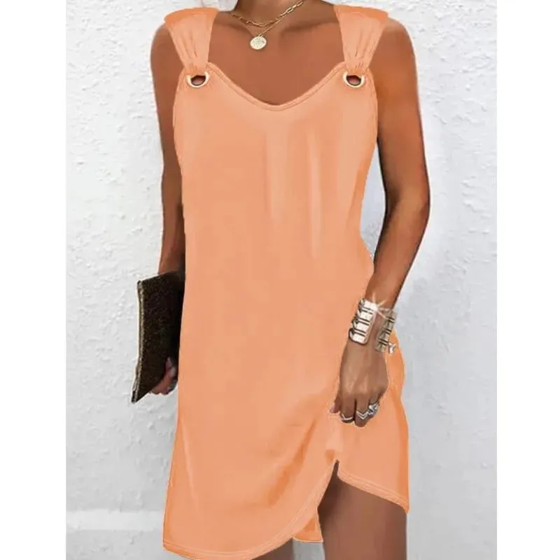 Women Summer Casual Dresses 2025 Elegant Simple Style Solid Color Metal Button V-neck Sleeveless Dress Female Sexy Midi Vestidos