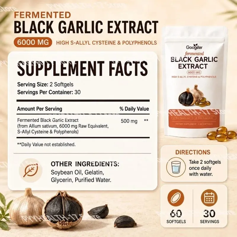 Googeer fermenteret sort hvidløgsekstrakt 6000MG Softgels Antioxidant Immunstøtte S-Allyl Cystein Mænd Kvinder 60 Softgels 60 dage