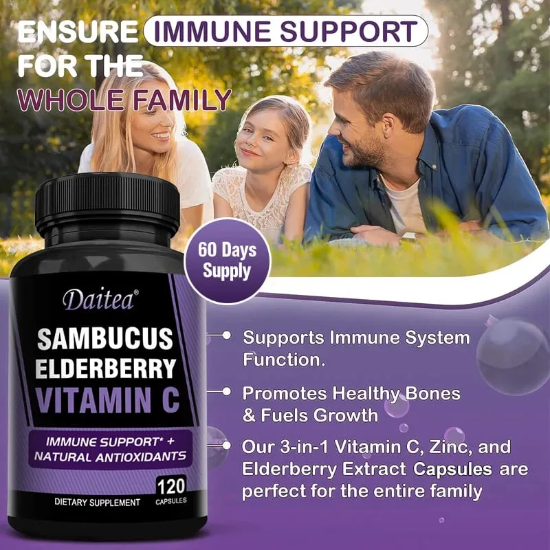 Sambucus Black Elderberry Capsules 350mg with Vitamin C Zinc Immune Support Antioxidant & Energy Boost Promotes Digestion