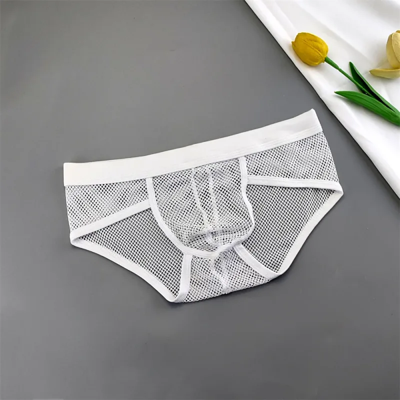 Hollow Out Fishnet Men's U Convex Briefs Breathable Mesh Low Waist Fully Transparent Underwear Perspective Lingerie