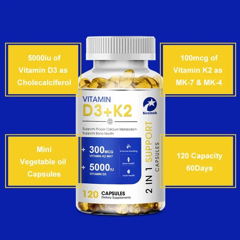Kexinsh Vitamin D3K2 Capsules 5000iu Vitamin D3 300mcg K2 Support Teeth Bone Heart Health Joint Health — image 5