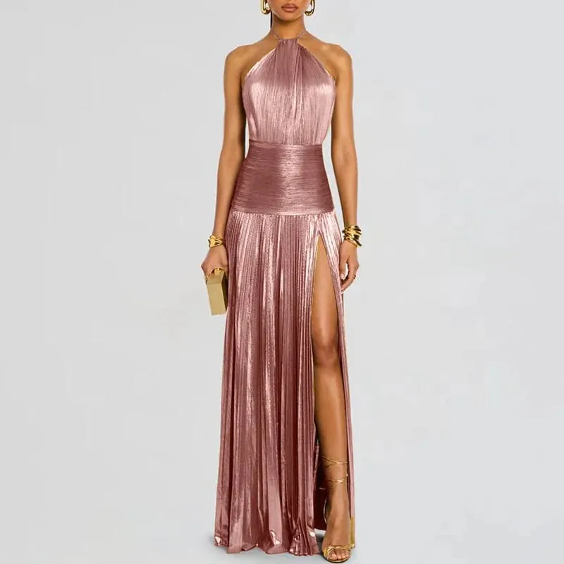 Zlaté sexy ohlávkové šaty s vysokými dělenými róbami Večerní šaty Dámské elegantní Jednobarevné duté řasené dlouhé šaty Jaro Léto Maxi šaty na zip bez zad