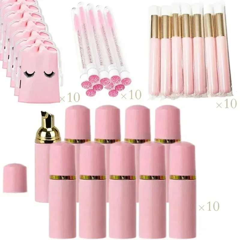 40pcs Empty Lash Shampoo Bottles and Brushes Set Foam Pump Dispenser and Nose Pore Deep Cleaning Brush Eyelash Extension Tube
