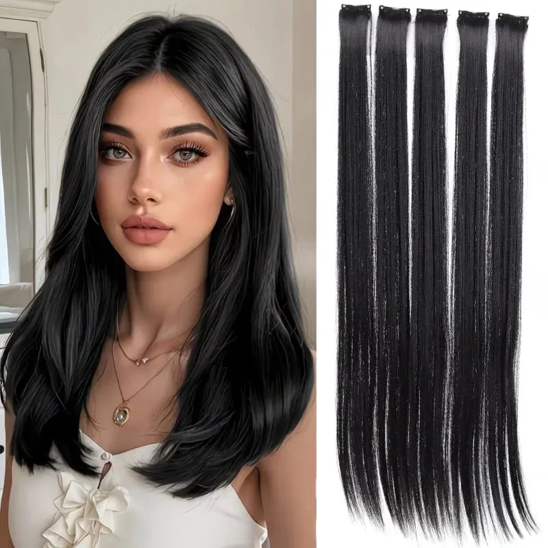 24 Inch Women's Elegant Clip On Synthetic Wig - Natural Style Long High Gloss Straight Hair Piece Wig Extension