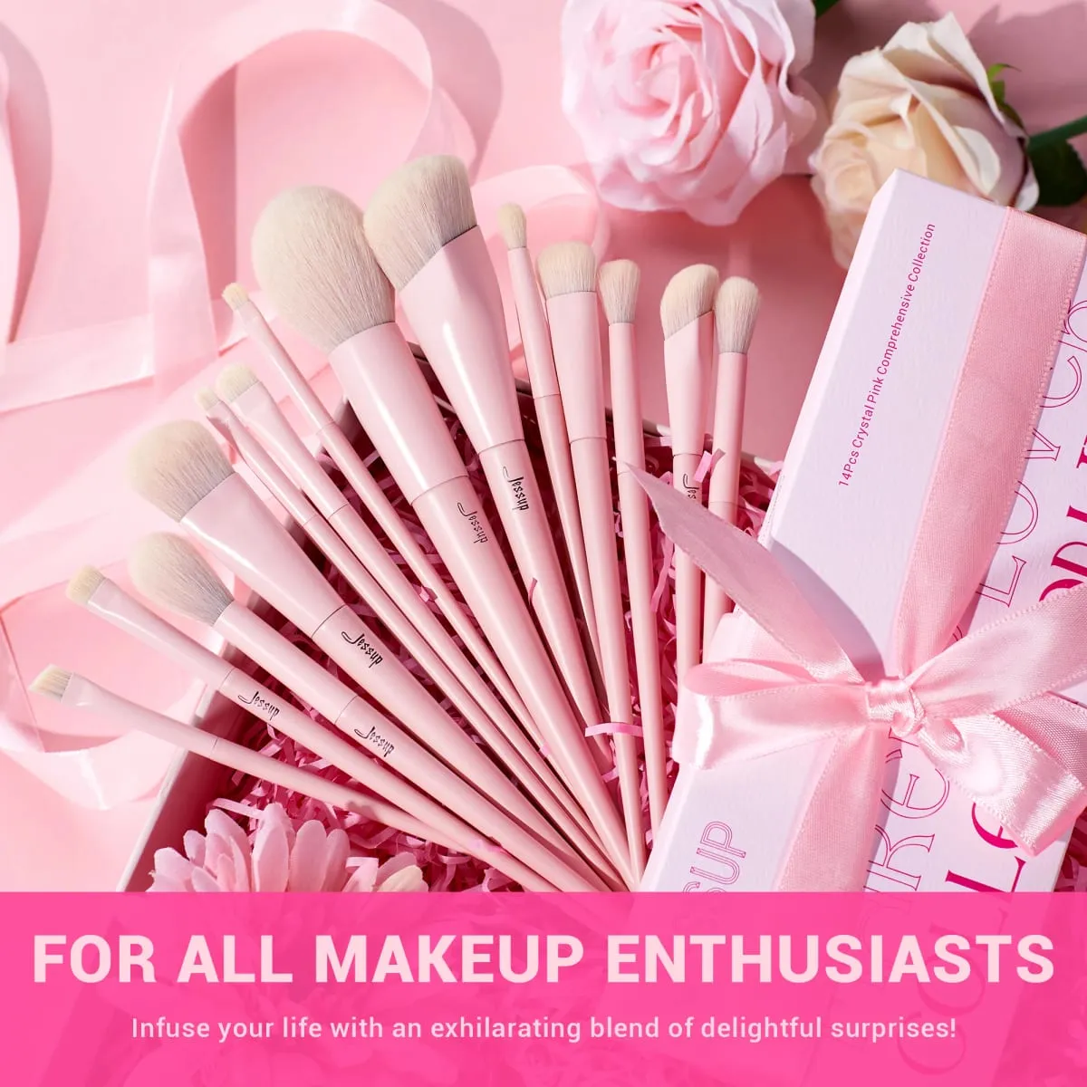 Jessup Pink Berus Mekap Set 14pcs Berus Mekap Premium Vegan Foundation Blush Eyeshadow Liner Berus Campuran Serbuk T495