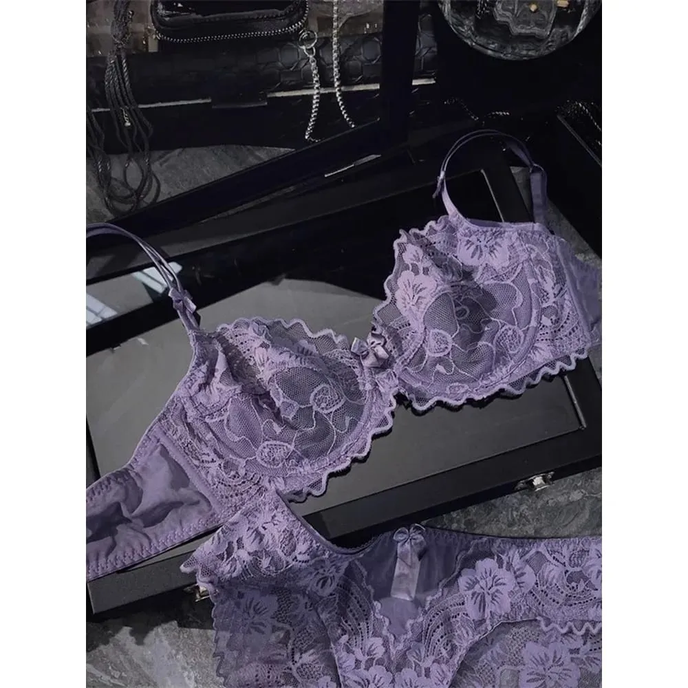 Minimal French Thin Perspective Lace Lingerie Set Underwire Beauty Back Malaking Bust Minimizer Side Shaping Anti Sagging Bra Set